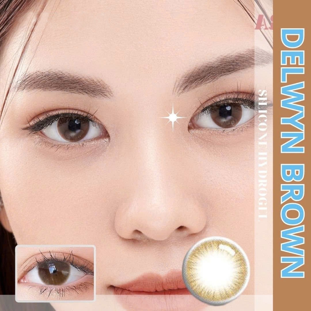 Kính Áp Tròng Màu Nâu Tự Nhiên Delwyn Brown Chất Liệu Silicone Hydrogel Thời Gian Đeo 14–24h Hạn Dùng 12 Tháng EyeBlink
