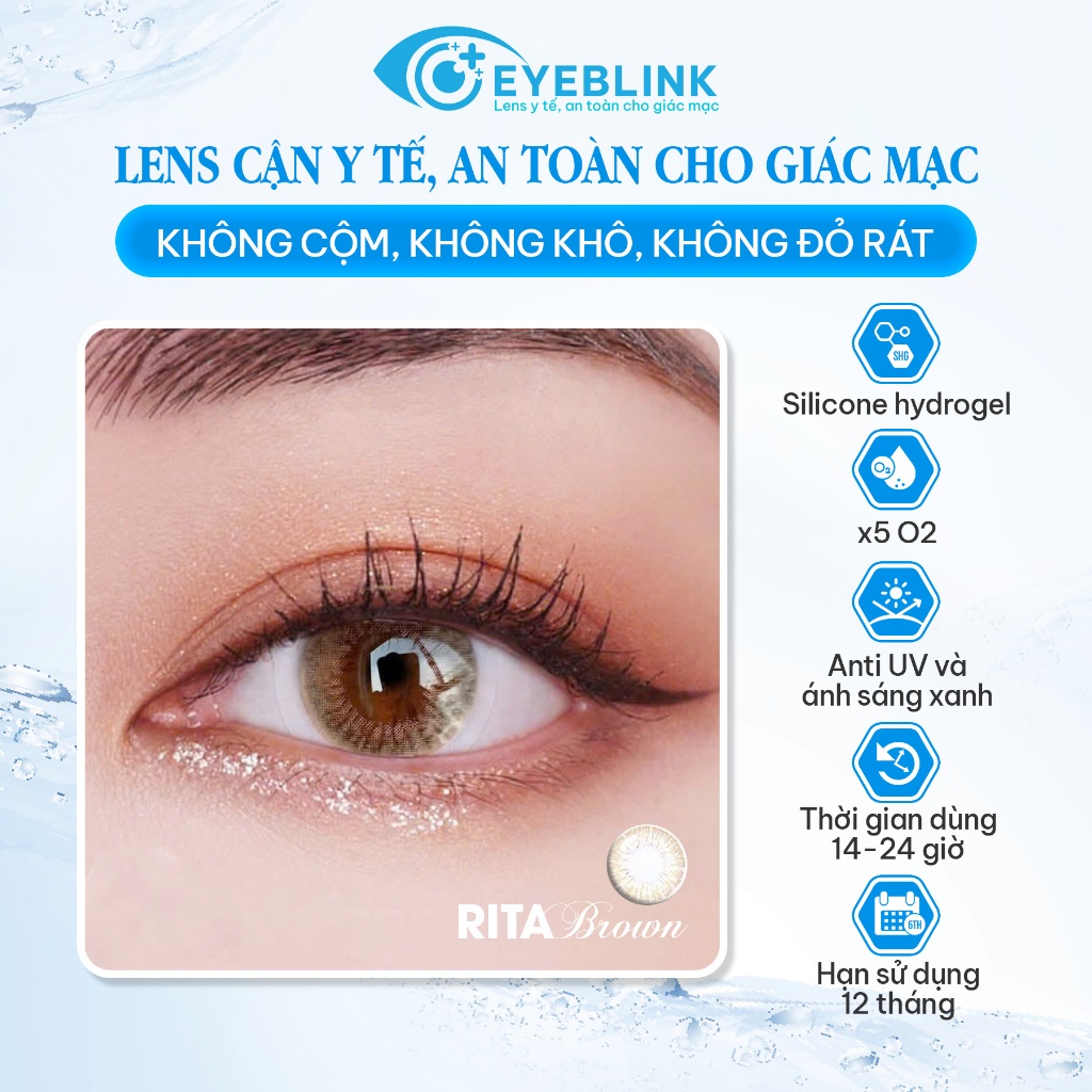 Kính áp tròng cận y tế màu nâu sáng Rita Brown  chất liệu  Silicone Hydrogel hạn dùng 6 tháng EyeBlink