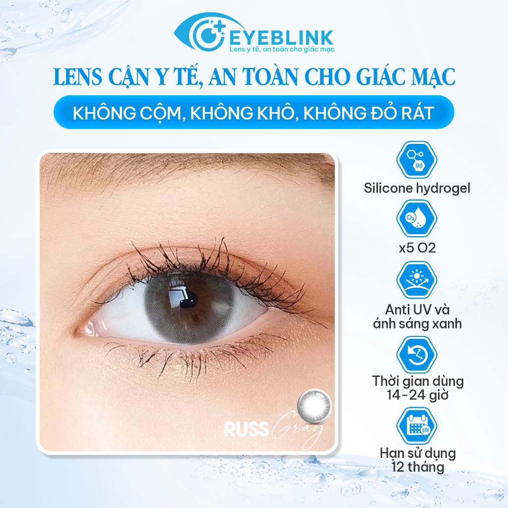 Kính áp tròng Silicone Hydrogel xám nhạt tự nhiên thời gian đeo 14-24h hạn dùng 12 tháng EyeBlink