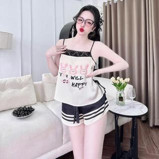 Đồ Ngủ Nữ, Đồ Bộ Mặc Nhà Lụa Latin Cao Cấp MiLi – Áo 2 Dây Cột Eo Hai Bên, Phối Ren Viền – Quần Đùi Có Túi