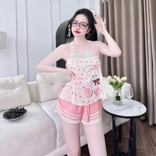 Đồ Ngủ Nữ, Đồ Bộ Mặc Nhà Lụa Latin Cao Cấp MiLi – Áo 2 Dây Cột Eo Hai Bên, Phối Ren Viền – Quần Đùi Có Túi