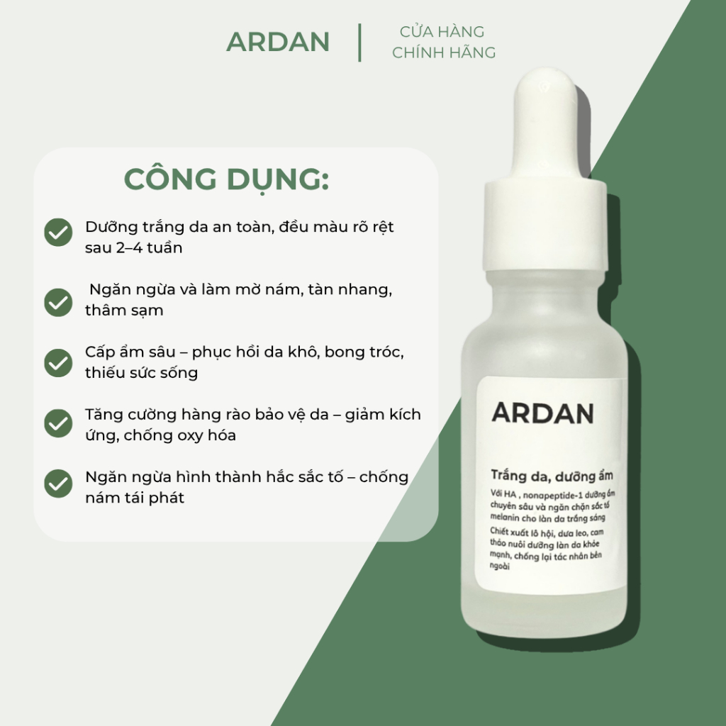 Serum Trắng Da Dưỡng Ẩm ARDAN 20ml - Da Mịn Màng, Trắng Sáng, Se Lổ Chân Lông, Ngừa Nám, Tàn Nhang