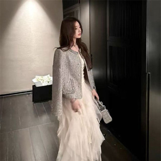 Áo khoác len dạ cổ tròn viền bling form slim phong cách tiểu thư sang chảnh