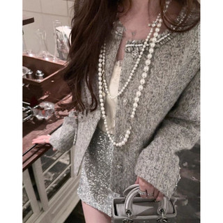 Áo khoác len dạ cổ tròn viền bling form slim phong cách tiểu thư sang chảnh