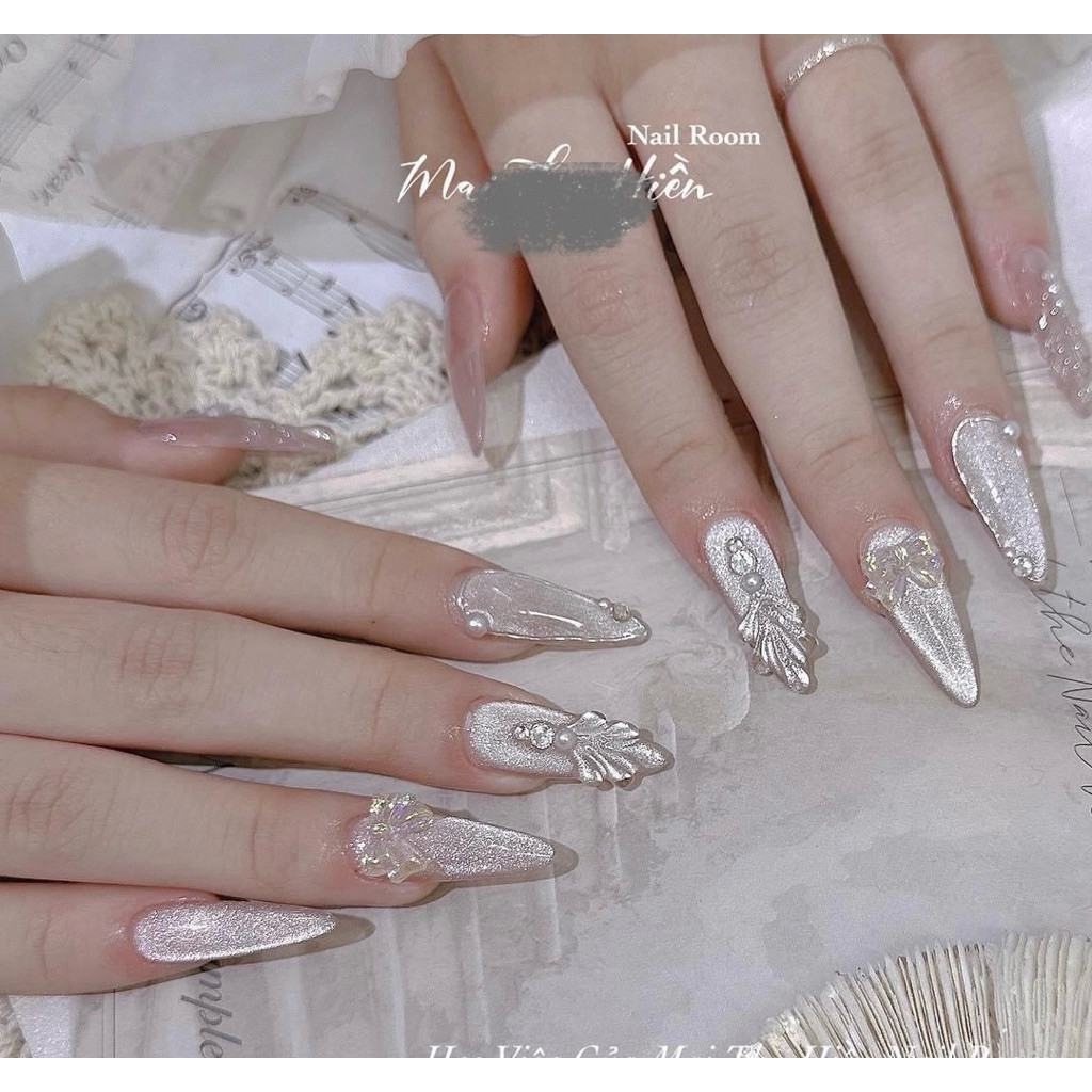 ( hoả tốc) NAIL BOX MẮT MÈO KIM CƯƠNG TRẮNG MIX CHARM NƠ