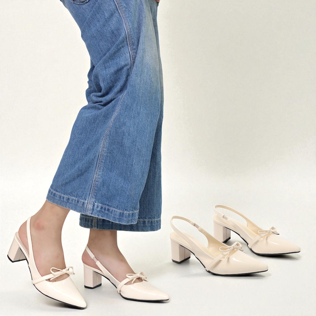 Giày Slingback 5cm Da Bóng Quai Nơ Nhỏ Pixie H374
