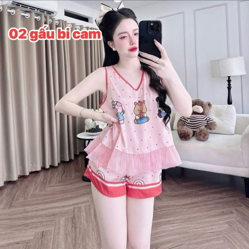 Bộ đùi sát nách hoạ tiết cưng xỉu, phù hợp mặc nhà, đi dạo phố, cà phê... Chất lụa latin mát mịn.