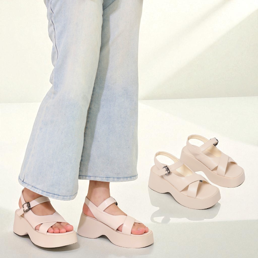 Giày Sandal Đế xuồng Da PU Cao 6cm Hở Mũi Pixie H363