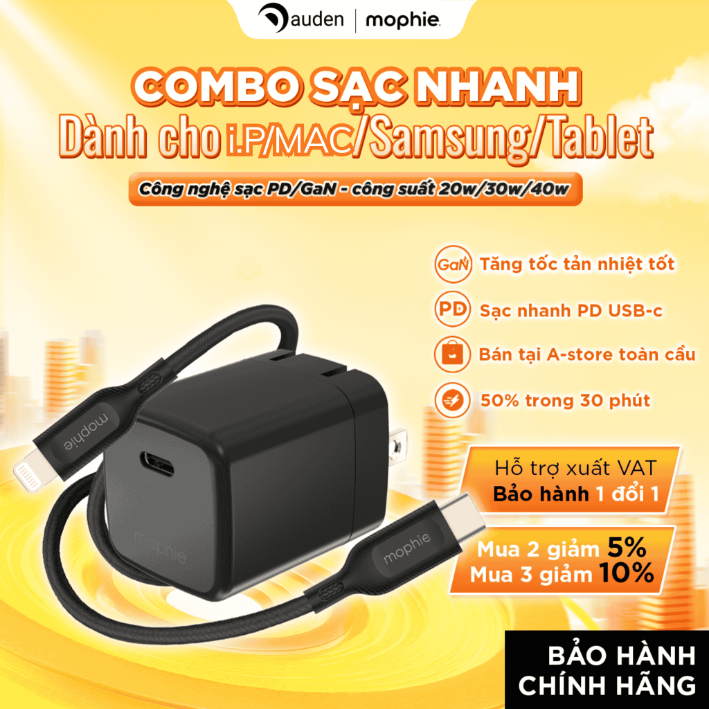 Combo sạc nhanh Mophie 20w/30w/35w/40w dành cho IPhone 17/16/15/14/android Series - Hàng chính hãng
