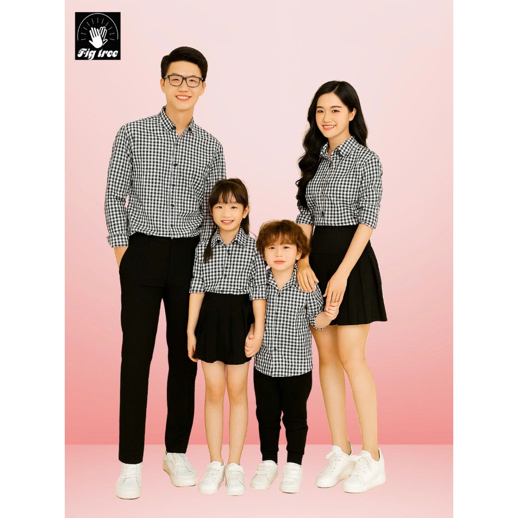 Set Áo Sơ Mi Gia Đình FIG TREE Caro Trắng Đen Cho Gia Đình Đi Chơi, Đi Tiệc (size đến 110kg), MS147C