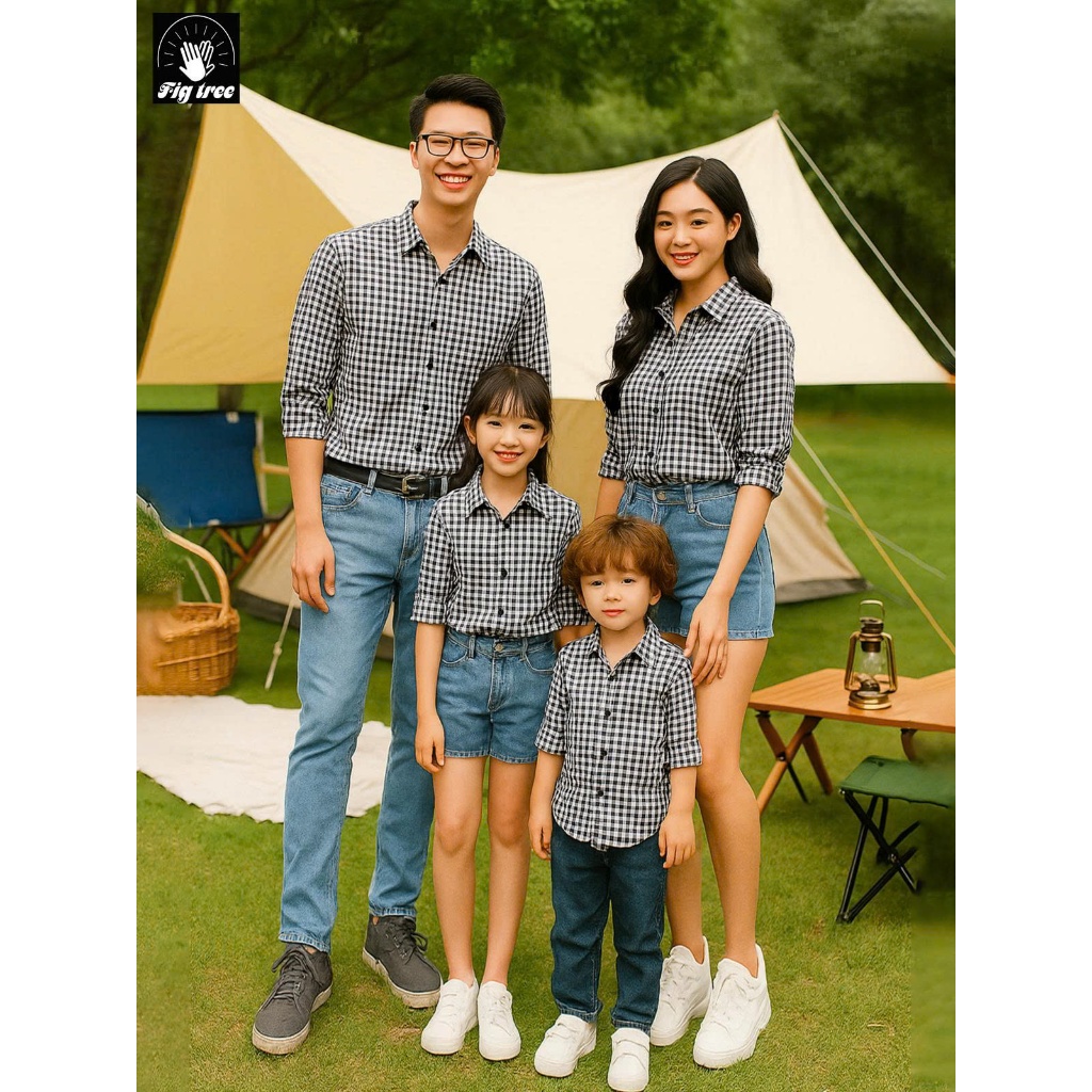 Set Áo Sơ Mi Gia Đình FIG TREE Caro Trắng Đen Cho Gia Đình Đi Chơi, Đi Tiệc (size đến 110kg), MS147C