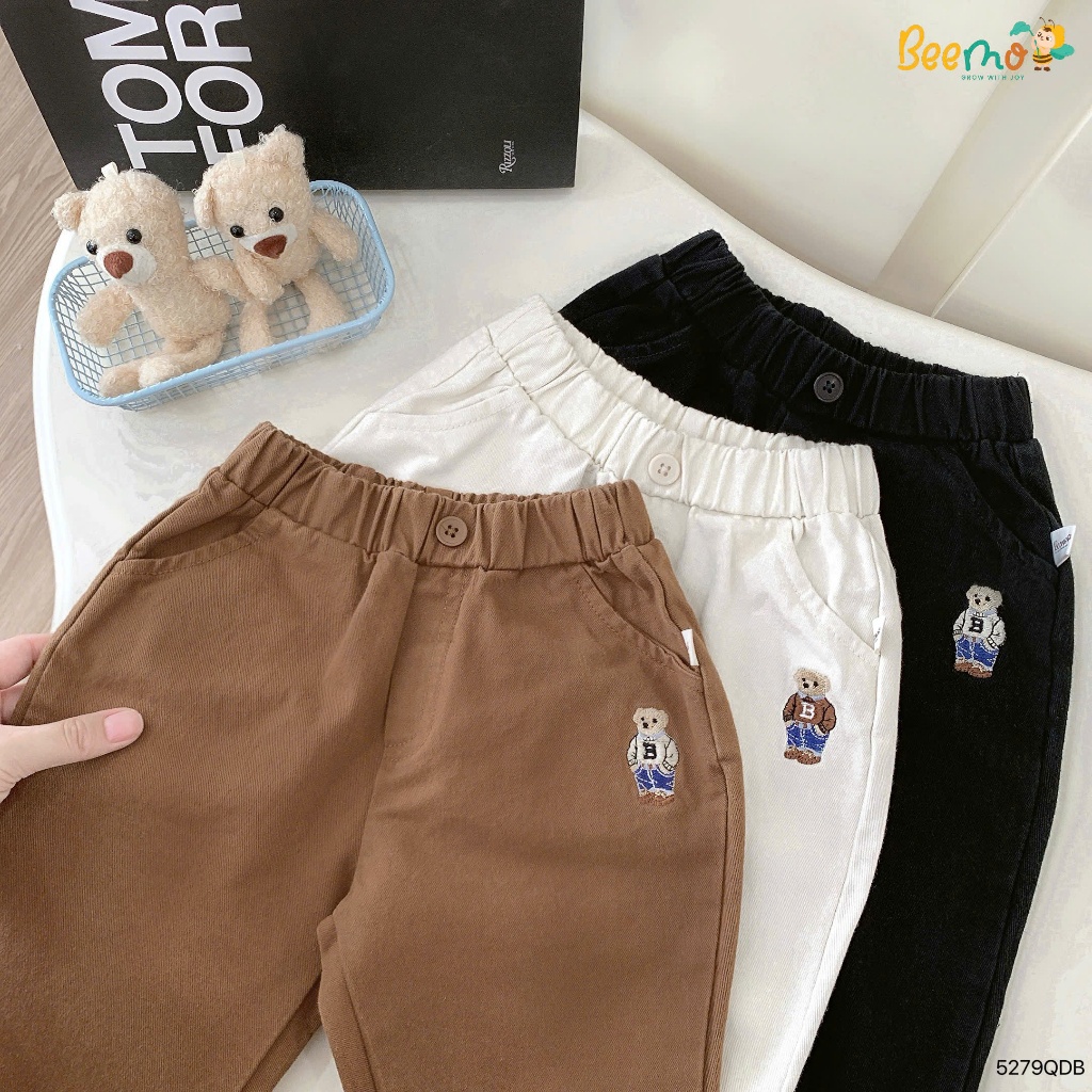 Quần kaki dài thêu gấu bé trai, quần dài cạp chun fom baggy đơn giản dễ mặc bé trai 5279QDB