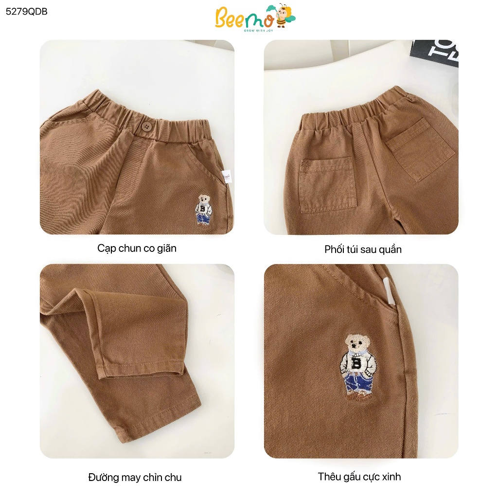 Quần kaki dài thêu gấu bé trai, quần dài cạp chun fom baggy đơn giản dễ mặc bé trai 5279QDB