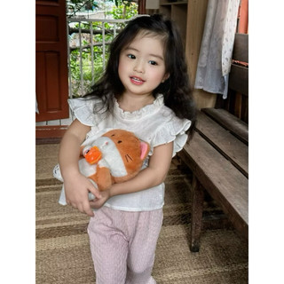 Set Đồ Bé Gái – Áo Trắng Tay Bèo + Quần Hồng Ôm Loe Dài