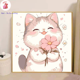 ( TẶNG SET 10 KHẨU TRANG) Tranh Số Hoá Mèo Hồng Hoa Hoạt Hình Tranh Tô Màu 20x20cm dễ thương đầy đủ cọ, màu, căng khung