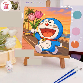 ( TẶNG SET 10 KHẨU TRANG) Tranh Số Hoá Mèo Hồng Hoa Hoạt Hình Tranh Tô Màu 20x20cm dễ thương đầy đủ cọ, màu, căng khung