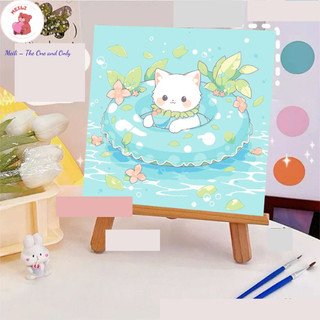 ( TẶNG SET 10 KHẨU TRANG) Tranh Số Hoá 3 Bé Mèo Hoạt Hình Tranh Tô Màu 20x20cm dễ thương đầy đủ cọ, màu, căng khung sẵn