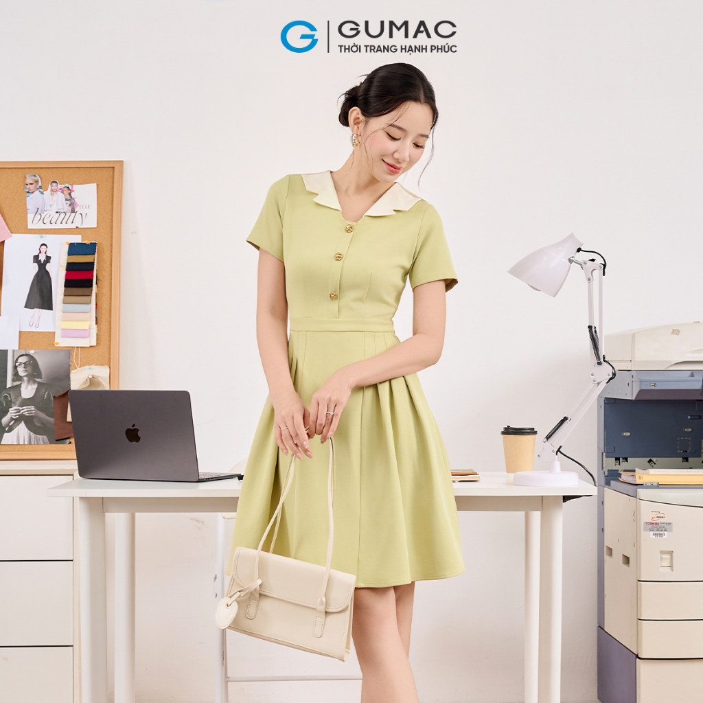 Đầm Nữ GUMAC Form A Thanh Lịch Cổ V Cách Điệu Phối Màu Thanh Lịch DF08005