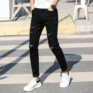 Quần jean nam AMILY độc lạ đen rách gối phối đường khác biệt, co giãn nhẹ từ 35kg đến 99kg