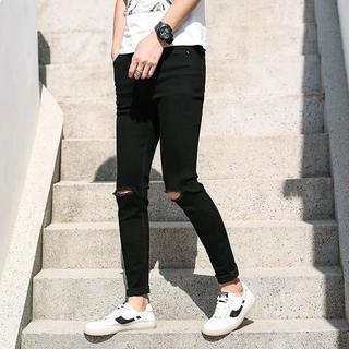 Quần jean nam AMILY độc lạ đen rách gối phối đường khác biệt, co giãn nhẹ từ 35kg đến 99kg