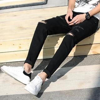 Quần jean nam AMILY độc lạ đen rách gối phối đường khác biệt, co giãn nhẹ từ 35kg đến 99kg