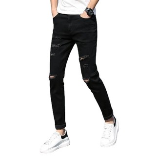 Quần jean nam AMILY độc lạ đen rách gối phối đường khác biệt, co giãn nhẹ từ 35kg đến 99kg