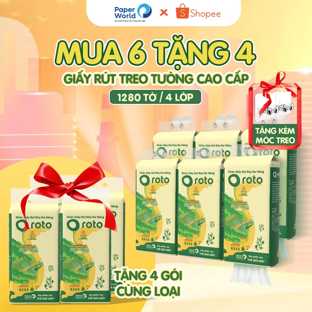[MUA 6 TẶNG 4] Combo Khăn giấy đa năng Roto rút treo tuờng 4 lớp cao cấp 1280 tờ,320 lần rút,không chất tẩy trắng độ hại