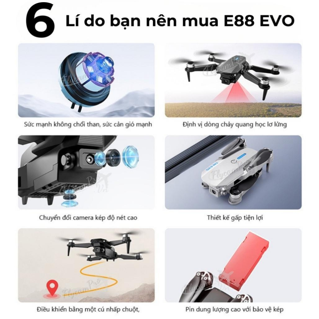 Flycam E88 PRO, Có 2 Camera, Nhào lộn 360 độ, Dễ dàng làm quen cho người muốn tập chơi Flycam Drone
