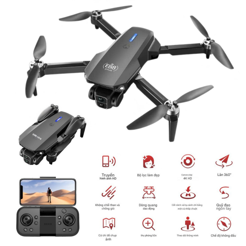 Flaycam mini giá rẻ E88 Plus, Máy bay điều khiển Bản nâng cấp mới nhất, Có 2 Camera Kép Siêu nét