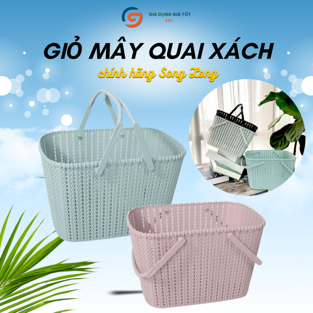 Giỏ nhựa xách tay giả mây đan Song Long - giỏ đi chợ, đựng đồ đa năng có quai xách tiện lợi