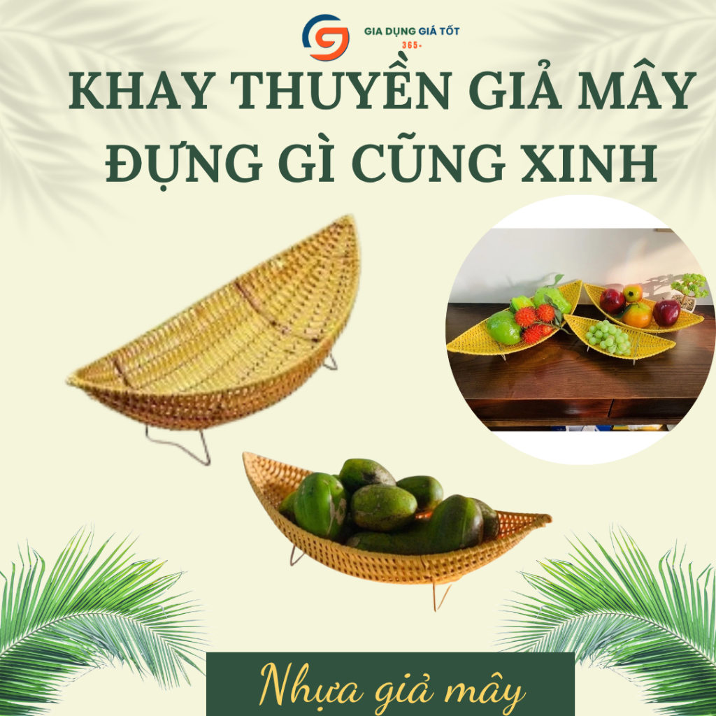 Khay đựng trái cây hình thuyền giả mây có chân đế - khay đựng hoa quả, bánh kẹo để bàn decor đẹp