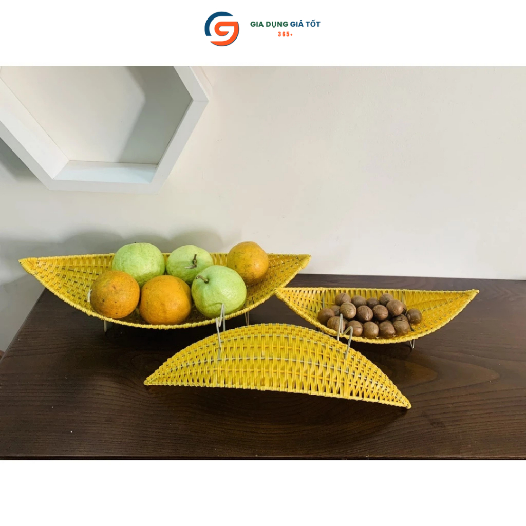 Khay đựng trái cây hình thuyền giả mây có chân đế - khay đựng hoa quả, bánh kẹo để bàn decor đẹp