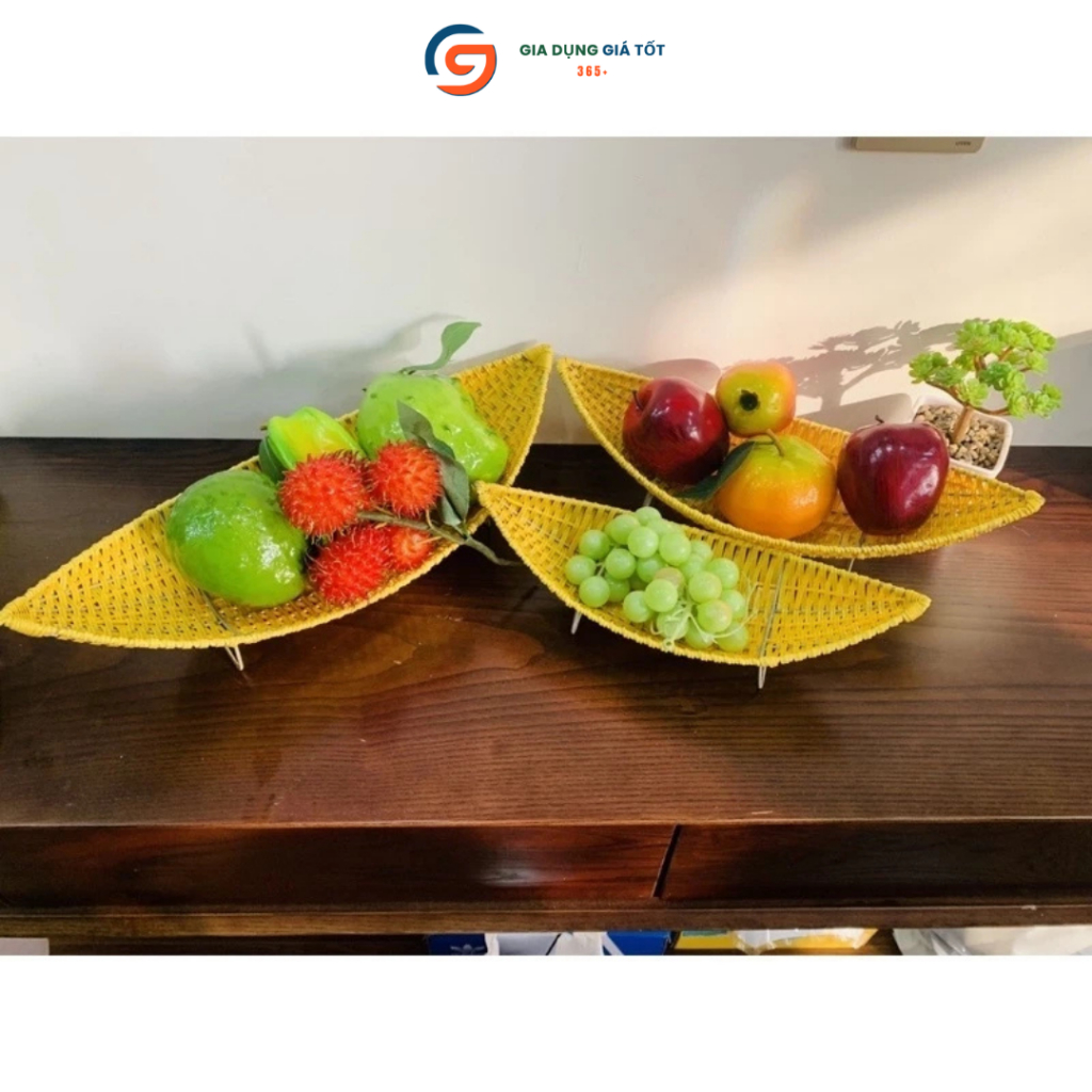 Khay đựng trái cây hình thuyền giả mây có chân đế - khay đựng hoa quả, bánh kẹo để bàn decor đẹp