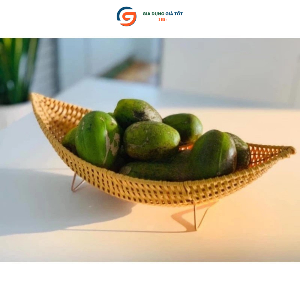 Khay đựng trái cây hình thuyền giả mây có chân đế - khay đựng hoa quả, bánh kẹo để bàn decor đẹp
