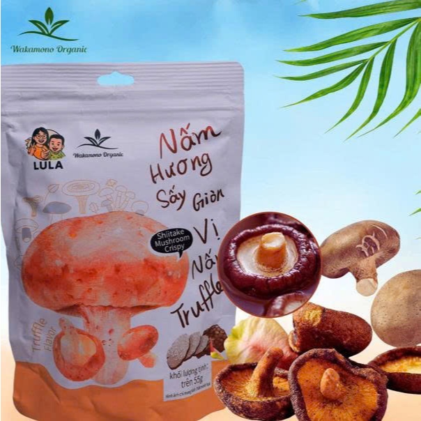 Nấm hương sấy giòn Wakamono Organic vị Truffle 55g/gói, không dầu, snack ăn vặt healthy giòn rụm