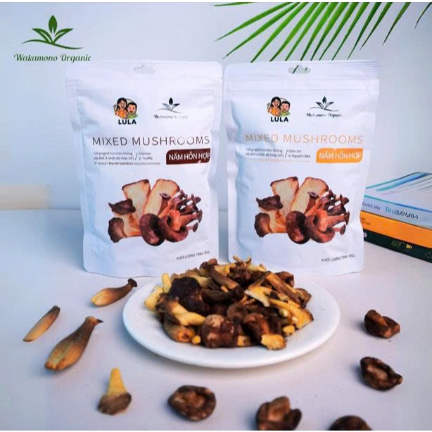 Combo mix Nấm hỗn hợp sấy giòn Wakamono Organic (55g/gói) – Không dầu, snack ăn vặt healthy