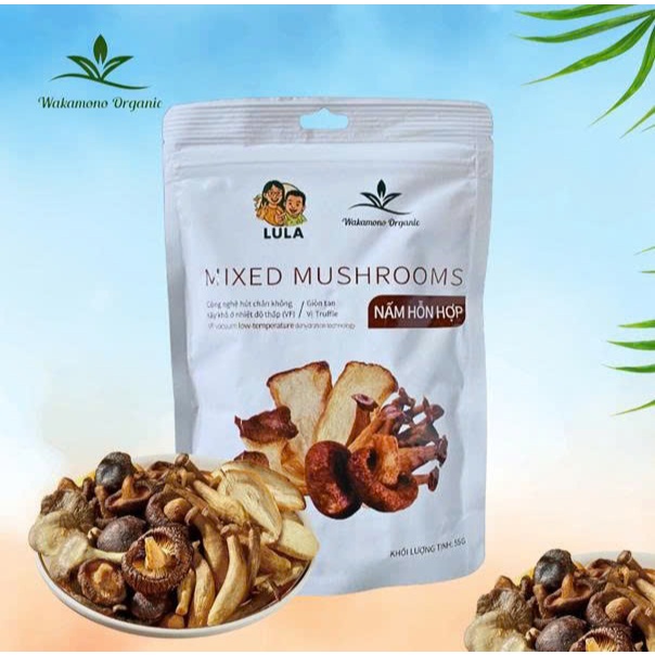 Combo mix Nấm hỗn hợp sấy giòn Wakamono Organic (55g/gói) – Không dầu, snack ăn vặt healthy