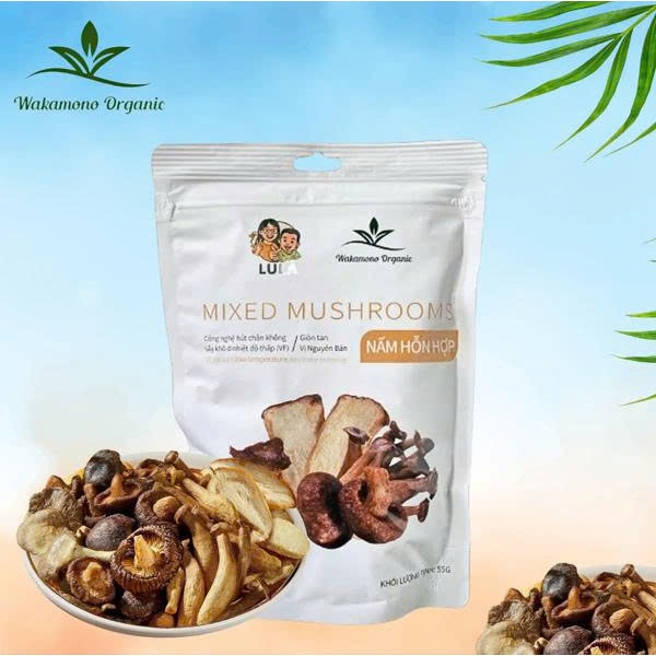 Nấm hỗn hợp vị nguyên bản sấy giòn Wakamono Organic 55g/gói, không dầu, ăn vặt healthy giòn rụm, ăn ngon..