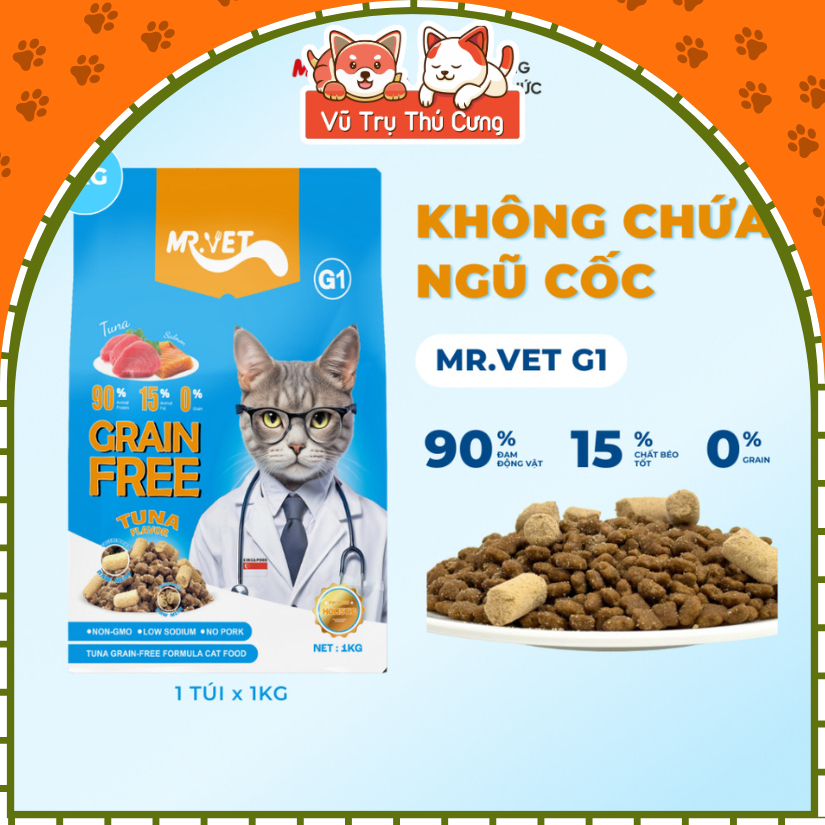 Hạt Cho Mèo MRVET G1 Không Chứa Ngũ Cốc Mix Topping Gói 1KG