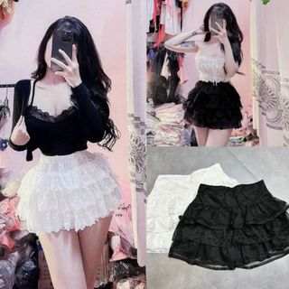 Chân váy ren nữ xếp tầng có quần bảo hộ màu đen trắng dáng xòe cực dễ thương VANISA CT361