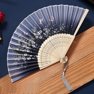 Quạt Tay Xếp Nhật Bản Cổ Trang Vải Lụa Hoa Anh Đào Nan Tre Khắc Laser Cosplay Chụp Ảnh Decor