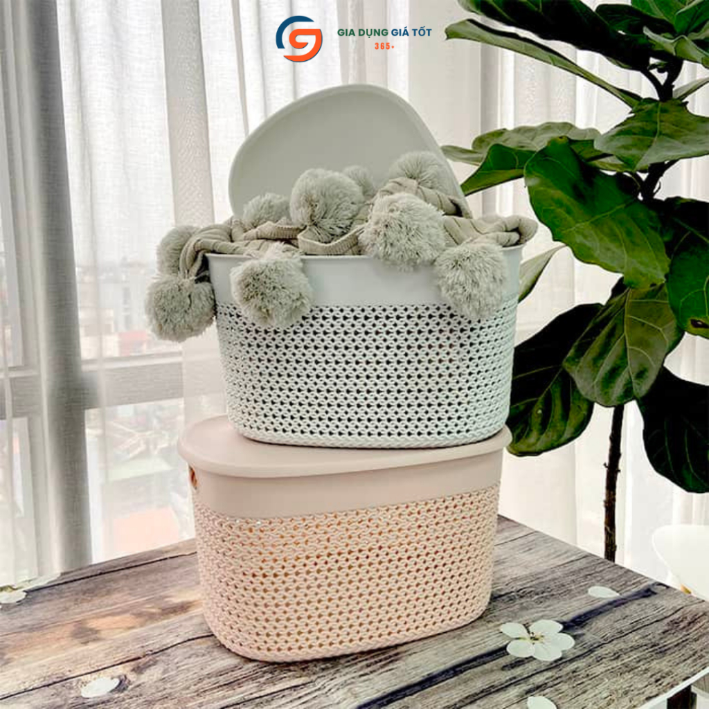 Giỏ nhựa bầu có nắp giả mây đan Song Long - giỏ đựng đồ đa năng, giỏ đựng quần áo, đồ dùng cá nhân