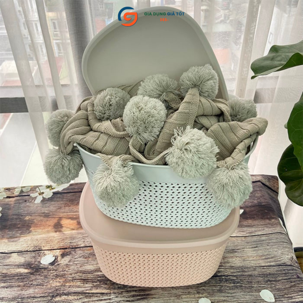 Giỏ nhựa bầu có nắp giả mây đan Song Long - giỏ đựng đồ đa năng, giỏ đựng quần áo, đồ dùng cá nhân