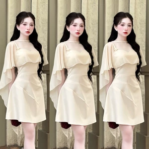 Váy liền B102 dáng ngắn dự tiệc 2 dây kèm choàng (có mút + charm)