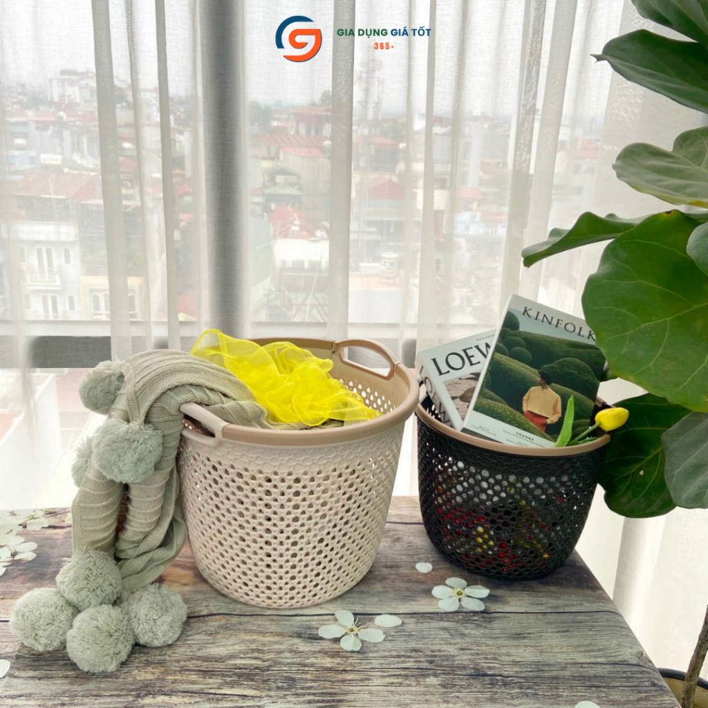 Giỏ đựng đồ viền có quai Song Long nhựa giả mây đan, giỏ nhựa đa năng đựng quần áo, đồ chơi