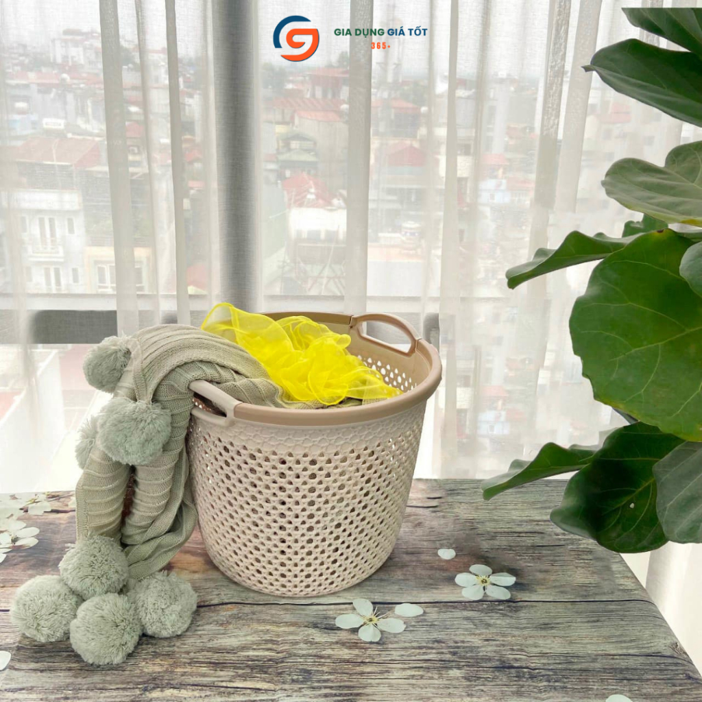 Giỏ đựng đồ viền có quai Song Long nhựa giả mây đan, giỏ nhựa đa năng đựng quần áo, đồ chơi