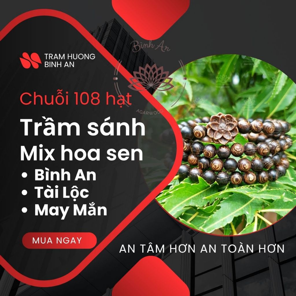 Vòng Cổ Trầm Hương 108 Hạt Sánh Chìm Mix Charm Hoa Sen - Chuỗi Tràng Hạt Phong Thủy Bình An (Kèm Hộp & Nụ Trầm)