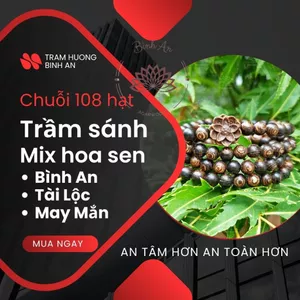 Vòng Cổ Trầm Hương 108 Hạt Sánh Chìm Mix Charm Hoa Sen - Chuỗi Tràng Hạt Phong Thủy Bình An (Kèm Hộp & Nụ Trầm)