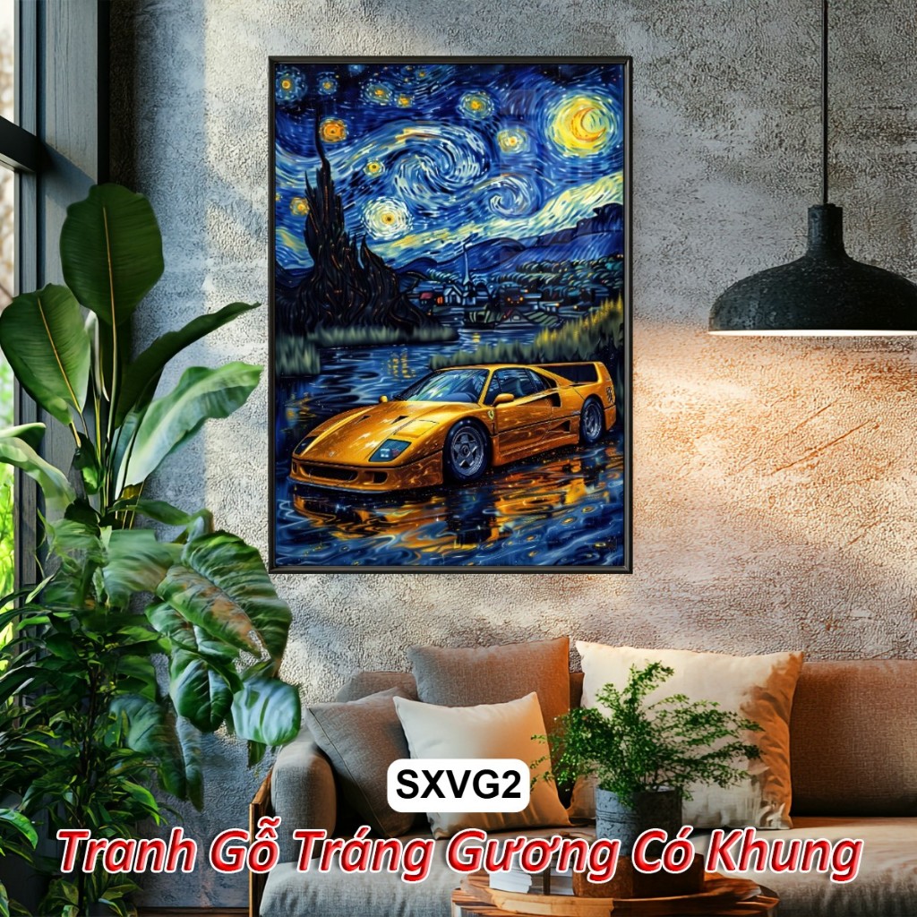 Tranh Treo Tường Siêu Xe Phong Cách Van Gogh - Tranh Tráng Gương Có Khung Siêu Xe Bầu Trời Đầy Sao Siêu Nghệ Thuật