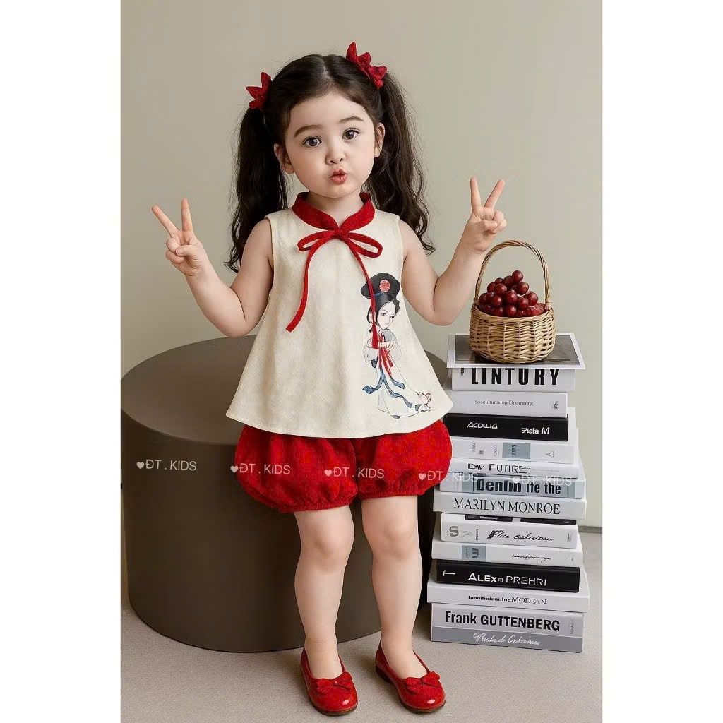Set yếm bé gái, Set áo yếm gấm hoa trung thu mix quần bí xinh xắn kèm ...